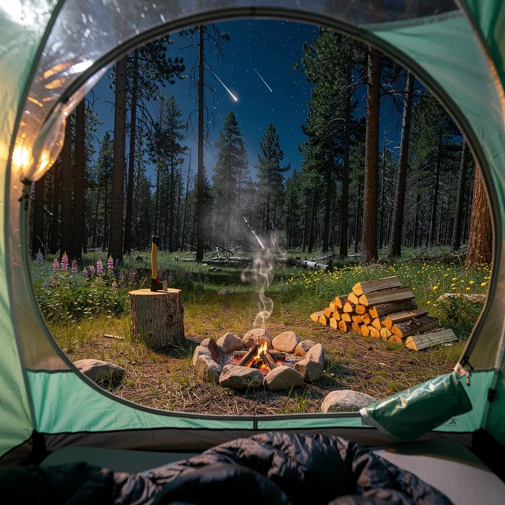 A quiet clearing in the pines glows with warm firelight and cool moonlight. A mint-green bubble tent sits near a stone fire ring, with neat stacks of wood and an axe stuck in a stump. Wildflowers dot the grass as thin smoke rises from the embers. Above the treetops, the sky is packed with stars and a few bright meteors streak by.