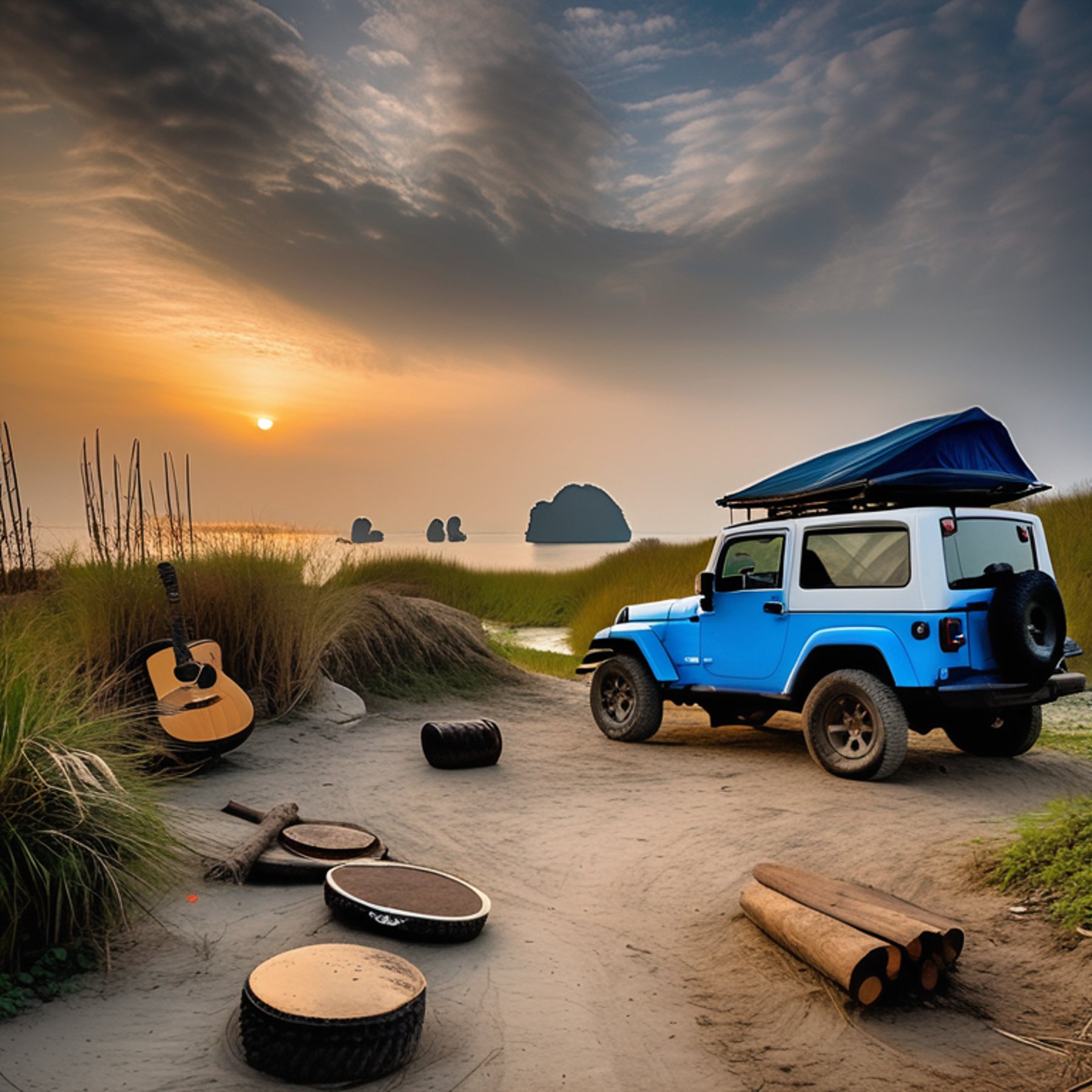 A blue and gray Jeep with a rooftop tent rests on a dirt campsite in snowy Ha Long Bay. Tall grass, a wooden guitar, and a warm campfire create a cozy feeling beneath the cool sunset sky.