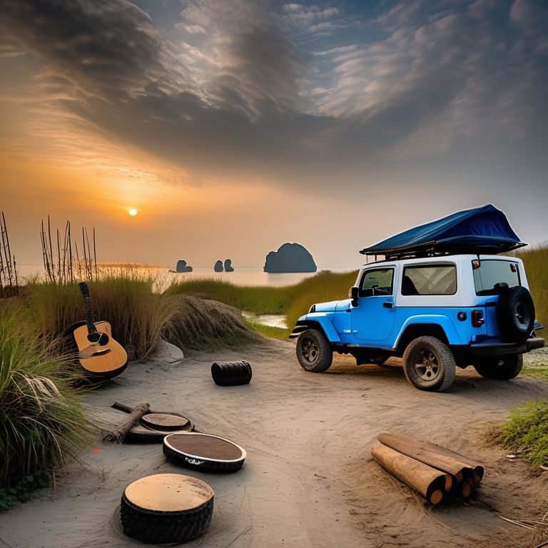 A blue and gray Jeep with a rooftop tent rests on a dirt campsite in snowy Ha Long Bay. Tall grass, a wooden guitar, and a warm campfire create a cozy feeling beneath the cool sunset sky.