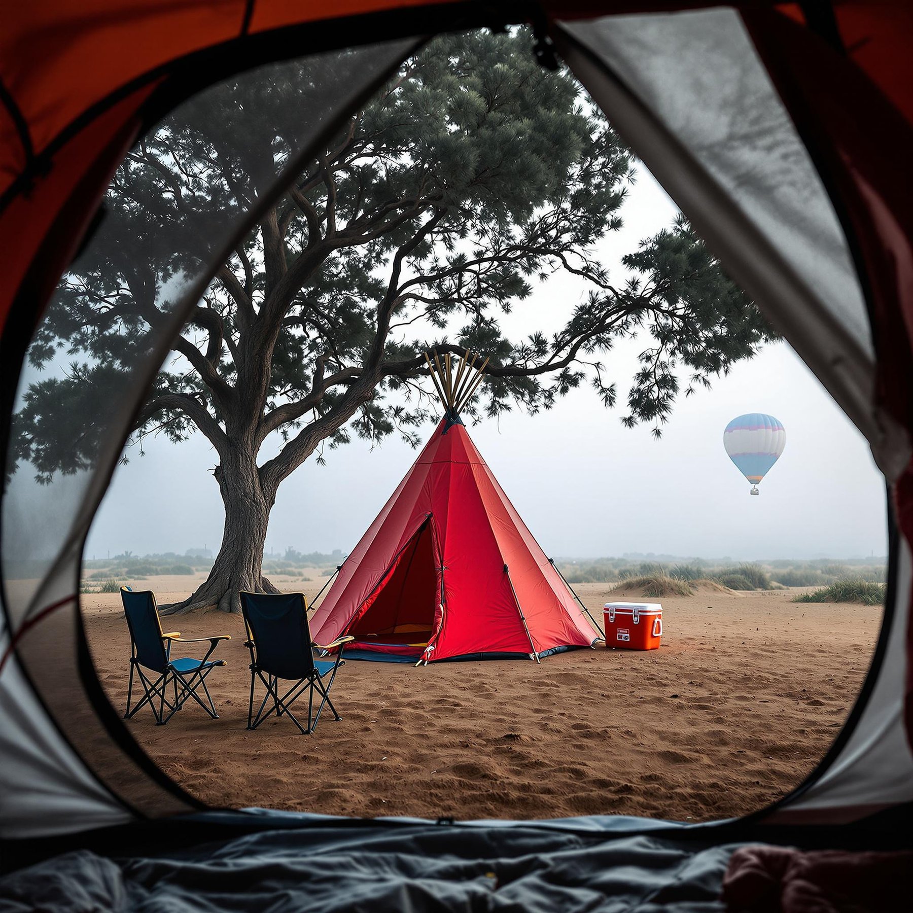 This campsite sits under a big shady tree with a bright red tent and two cozy chairs. Soft sand covers the ground, and a hot air balloon floats gently in the sky. It feels peaceful and full of adventure.