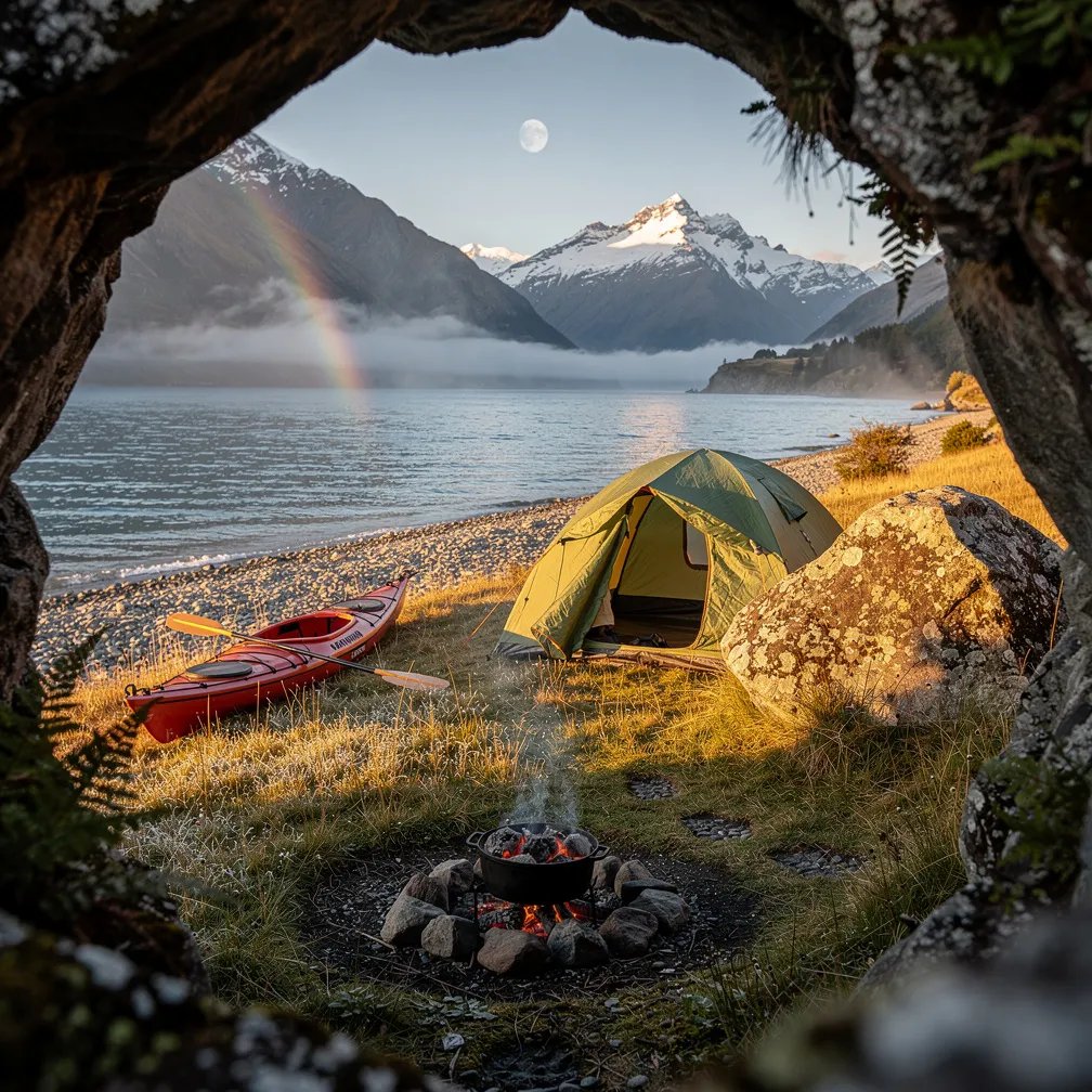 A cozy green-and-tan tent sits on dewy grass by a shining lake, tucked beside a warm, sunlit boulder. Through a rough stone arch, you can see misty mountains and a faint rainbow in the fresh morning air. A kayak rests on the pebbly shore, and a dutch oven cooks over glowing coals while the pale moon still hangs above.