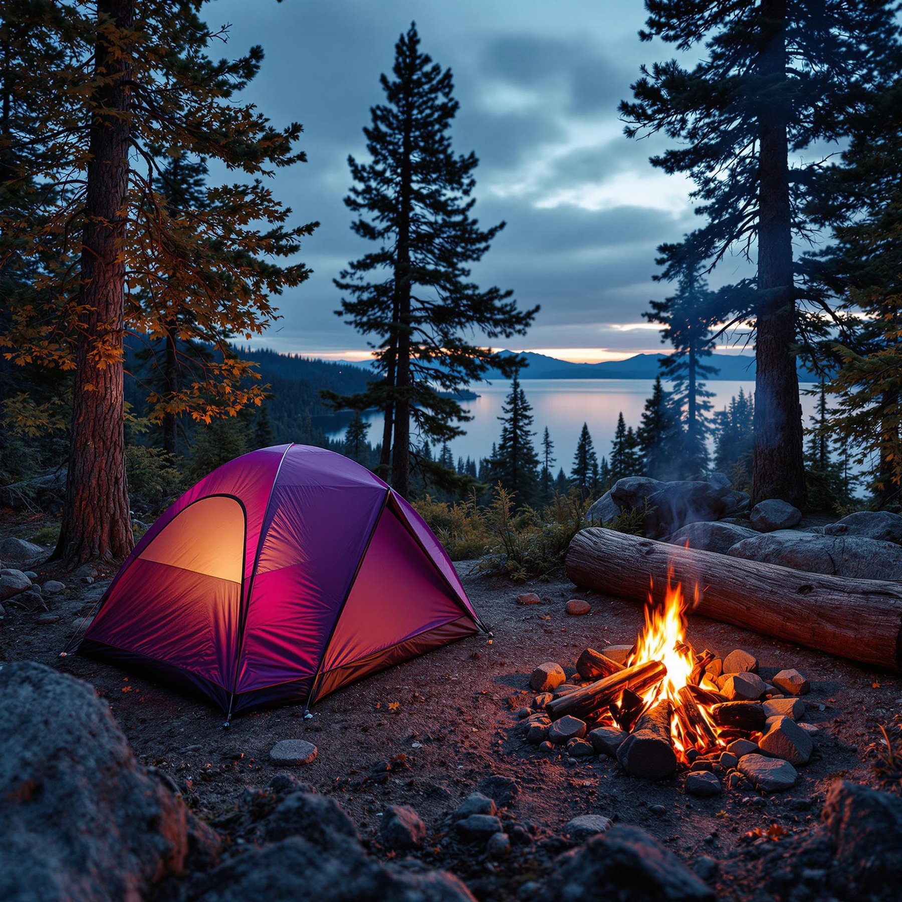 A purple tent glows in the forest as a cozy campfire burns nearby. Tall trees surround the campsite, and a peaceful lake sparkles at sunset in the distance. It feels warm, safe, and full of adventure.