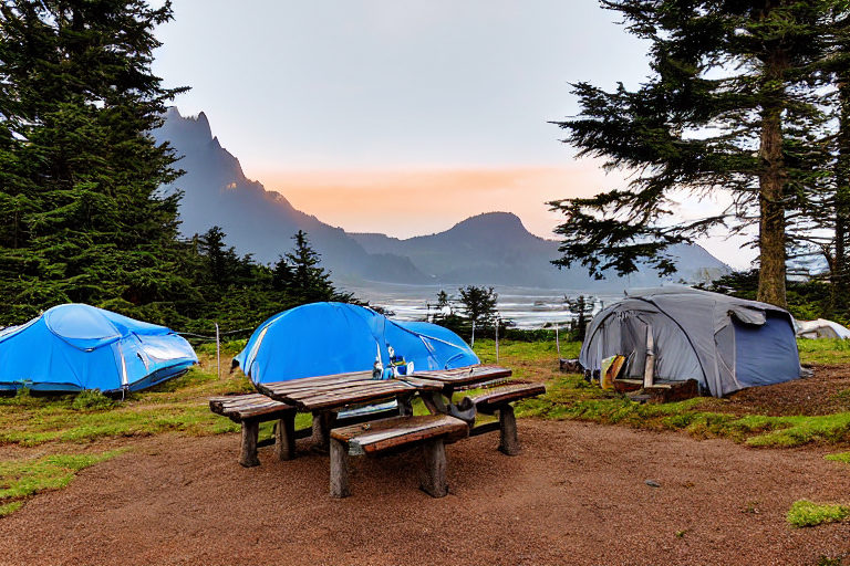 A gray and blue tent rests on a paved campsite beside a quiet dirt path. Rainy sunset light colors the sky, while a picnic table and mountain views create a peaceful outdoor scene.