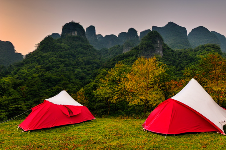 A red and white tent rests on a paved campsite surrounded by rocky ground. Golden fall trees frame the scene, while misty mountains rise in the distance. The soft evening light creates a calm, peaceful mood.