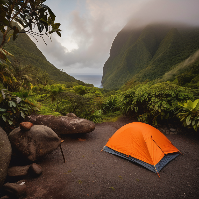 An orange tent rests on a paved campsite in Soufrière as the sun sets behind the misty hills. Hikers gather near a warm campfire, with logs and stones scattered around a large rock.