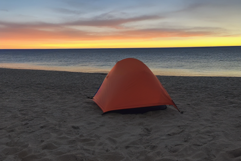 tent at campsite on a beach during sunset