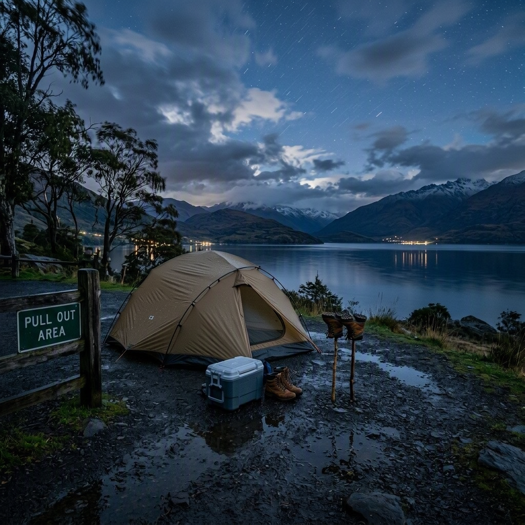 A quiet campsite rests on a bluff above the dark waters of Lake Wakatipu. A tan tent, cooler, and wet boots sit beneath rolling hills and trees. Storm clouds open to reveal a few bright stars in the cool night sky.
