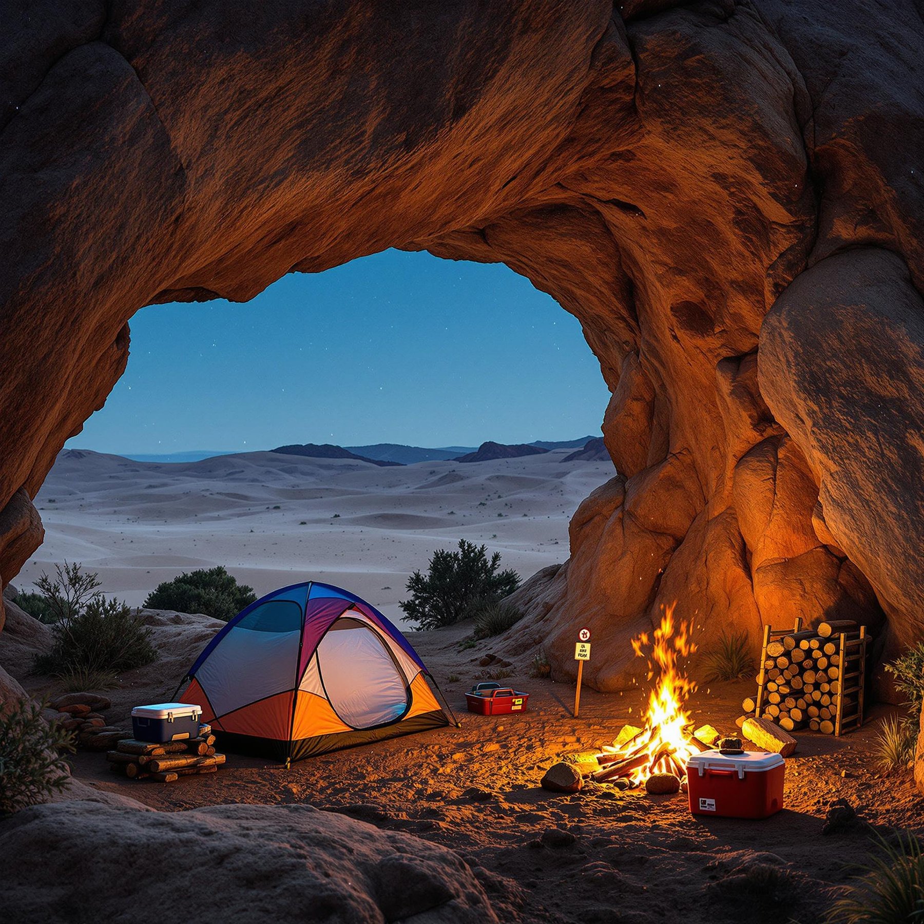 A colorful tent rests beneath a natural stone arch as snow swirls through the night. A warm campfire glows beside stacked firewood, a cooler, and a trail marker. Shifting sand dunes fade into the soft, dreamy distance.