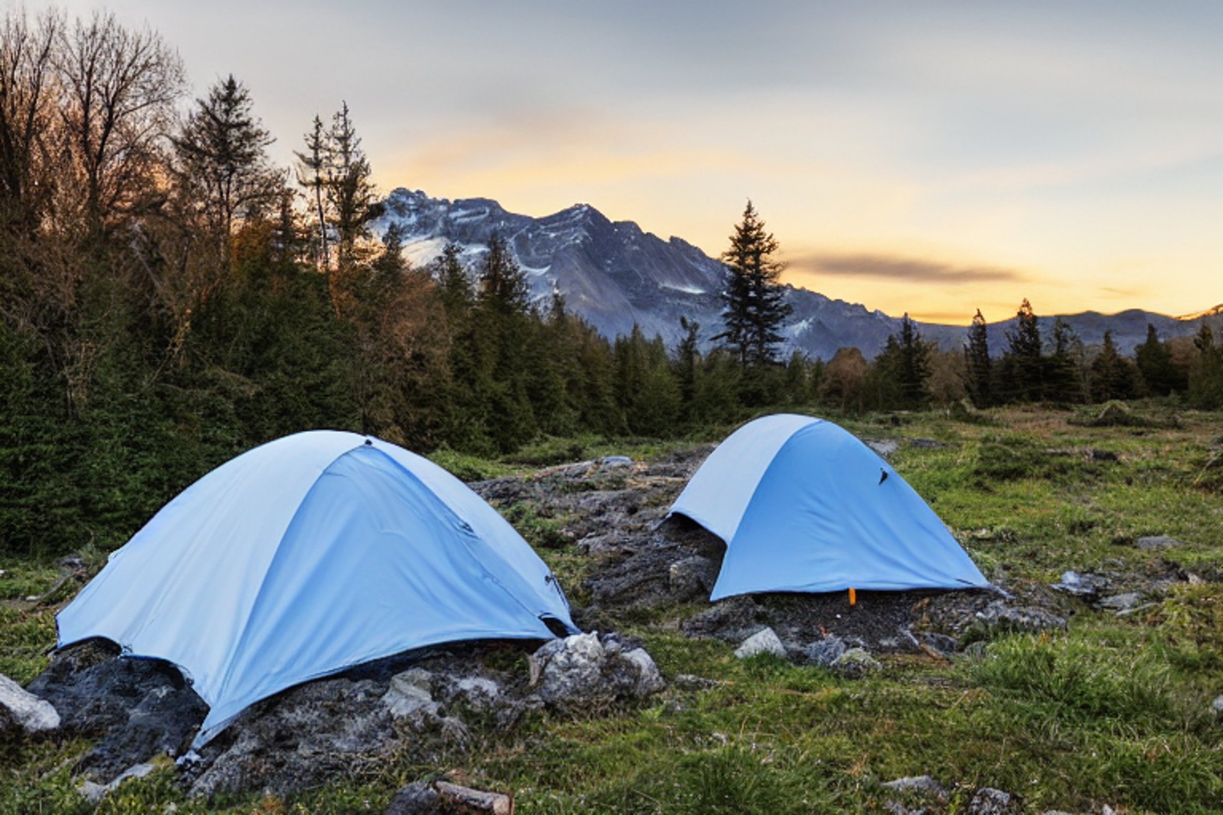 A bright blue tent rests on a paved campsite beside a quiet river. Small trees, thick bushes, and scattered stones surround the dirt clearing, while snowy mountains rise in the distance under a warm sunset sky.