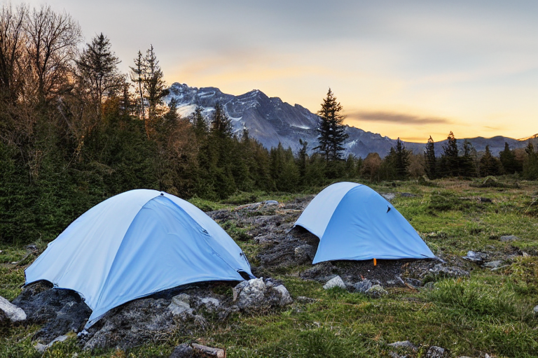 A bright blue tent rests on a paved campsite beside a quiet river. Small trees, thick bushes, and scattered stones surround the dirt clearing, while snowy mountains rise in the distance under a warm sunset sky.