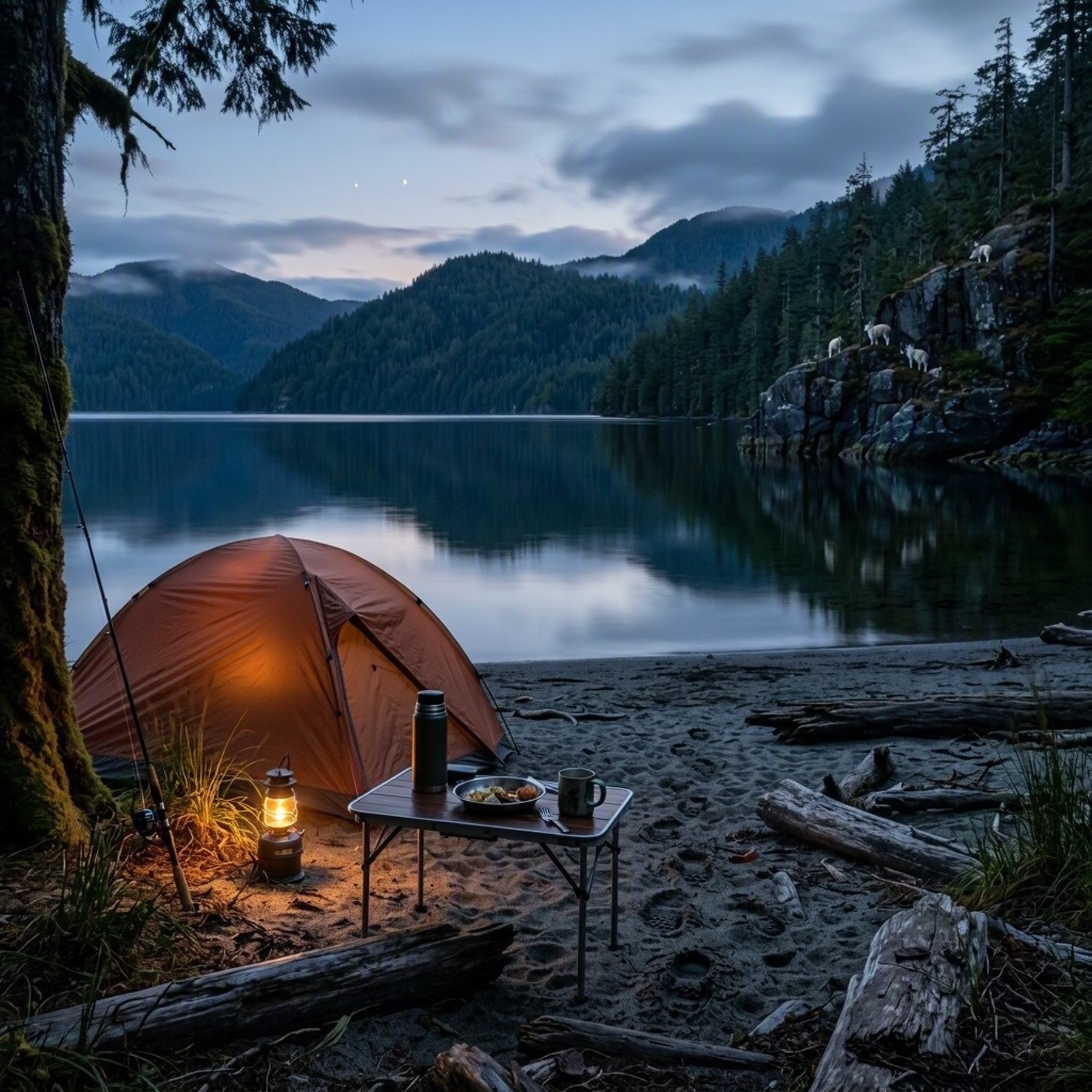 A copper-colored tent rests beside the still, dark lake, surrounded by driftwood and soft grasses. A warm lantern glows near the empty camp as blue dawn settles over the forested hills. High on the rocky cliffs, mountain goats move quietly beneath the morning star.