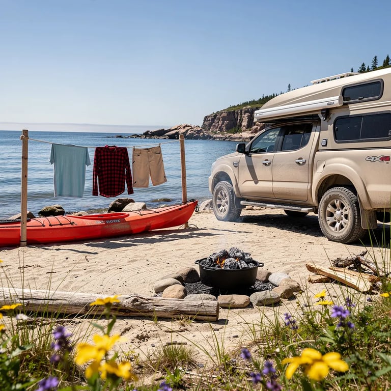 A sandy campsite sits right by the calm ocean, with beach grass and bright wildflowers all around. A tan truck camper is parked near the shore, and a sea kayak rests on the sand. In the hot midday sun, clothes hang on a simple line while a small fire ring holds a dutch oven with glowing coals. The whole place feels salty, quiet, and wide open.