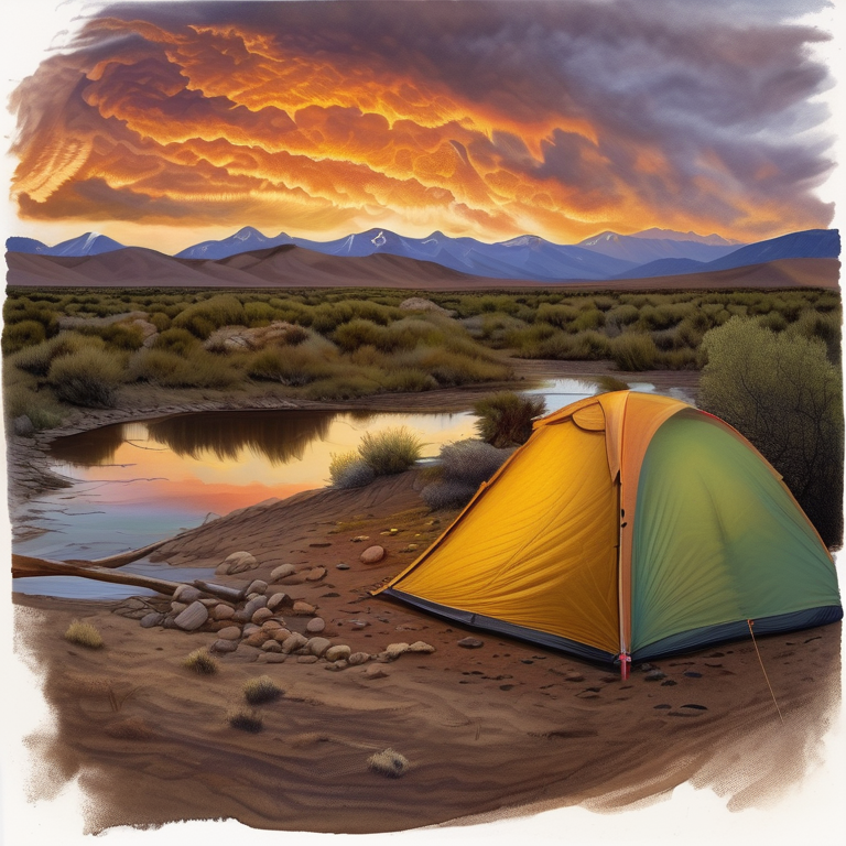 A colorful tent sits beside a warm campfire on a dirt patch as sunset glows beneath stormy skies. A clear stream winds through the campsite near a hot spring, with a hiking path leading toward the water.