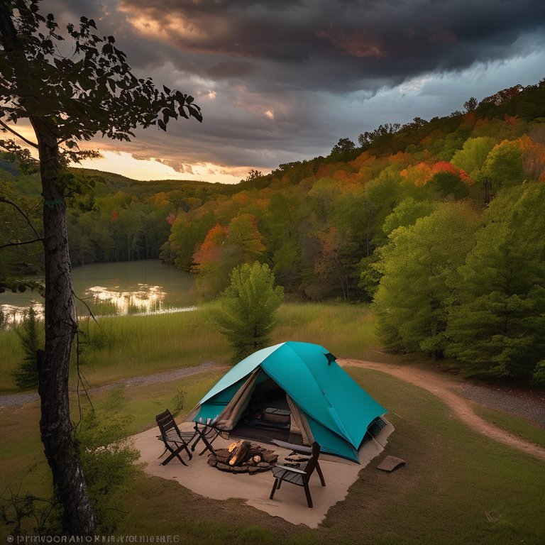 A teal tent sits beside a warm campfire in the Ozark woods at dusk. Hikers gather near the logs and picnic table as storm clouds roll overhead. The dirt campsite feels cozy and wild beneath the darkening sky.