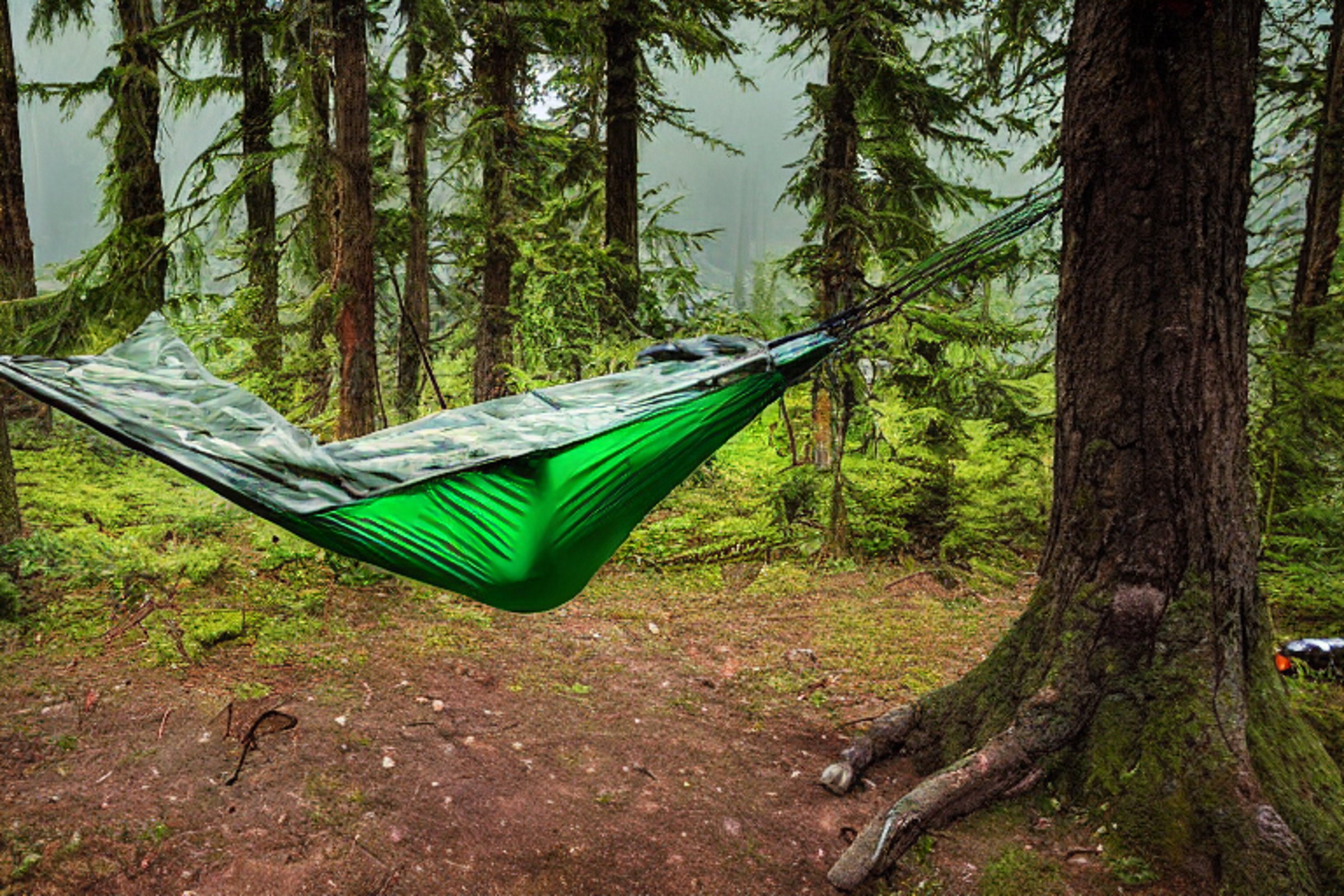 A green camo tent rests beside a small campfire in a foggy forest at sunrise. A hammock hangs between the trees, with wildflowers growing around the dirt campsite.