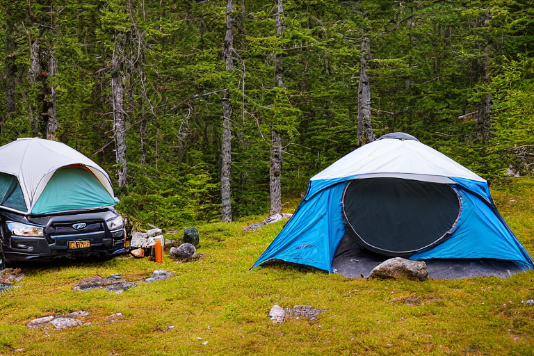 A Subaru with its rooftop tent open rests in a sunny campsite in the Smoky Mountains. A warm campfire, lantern, camping gear, and smooth stones sit on the gravelly ground. Morning light fills the peaceful forest air.