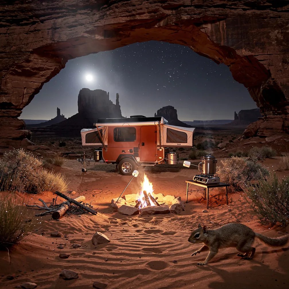 A worn sandstone arch frames a quiet desert camp in Monument Valley under a cool, silver moon. A burnt orange camper sits by a small fire, where marshmallows toast and warm light flickers on the sand and scrubby plants. A shiny coffee pot rests on a little stove, and a ground squirrel darts through the edge of the glow.