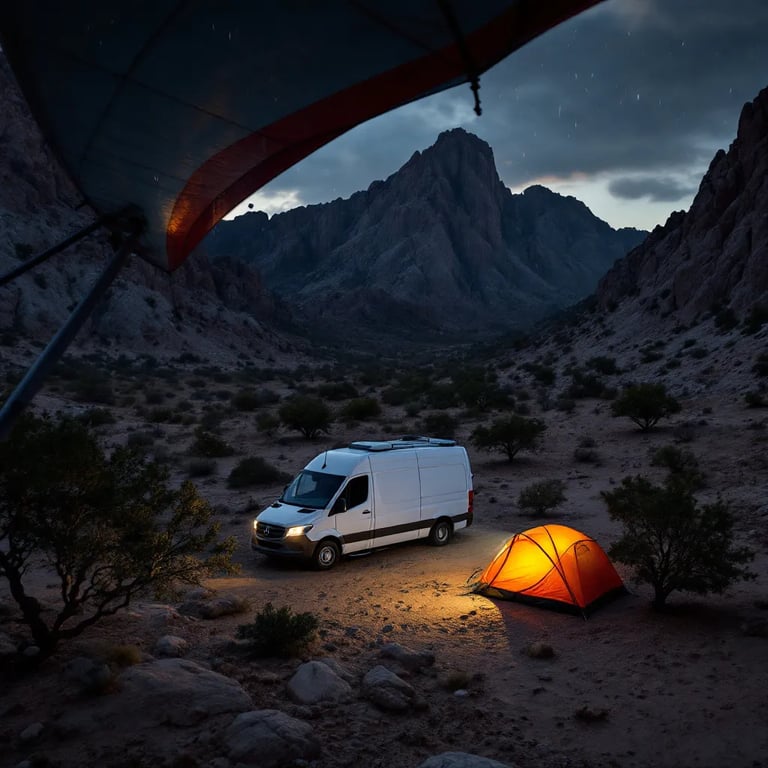 A white camper van rests among big rocks and small trees in Big Bend at dusk. A nearby tent glows softly, while animal tracks mark the dusty ground. Dark clouds bring a wild, dramatic feeling to the quiet campsite.