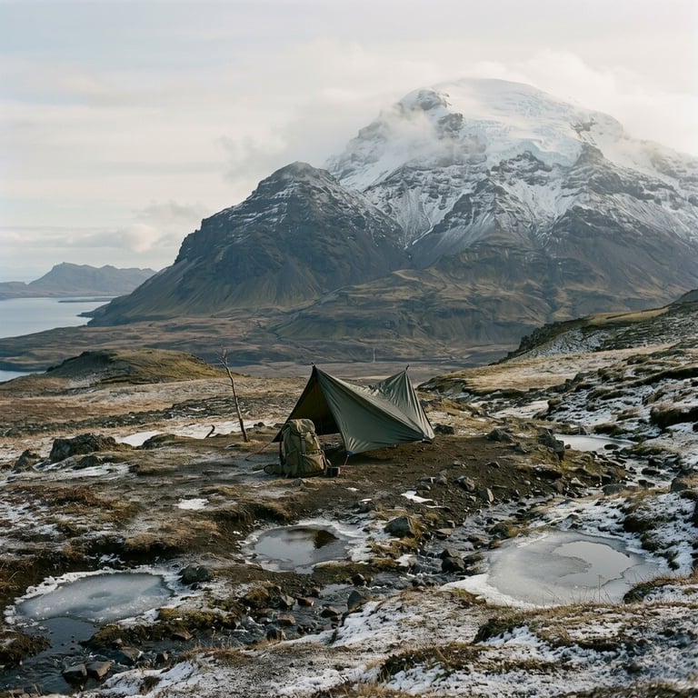 A distant view shows a small tent on a rocky ridge below a snow-covered mountain. A pack sits beside it, and thin ice covers pools in the foreground.