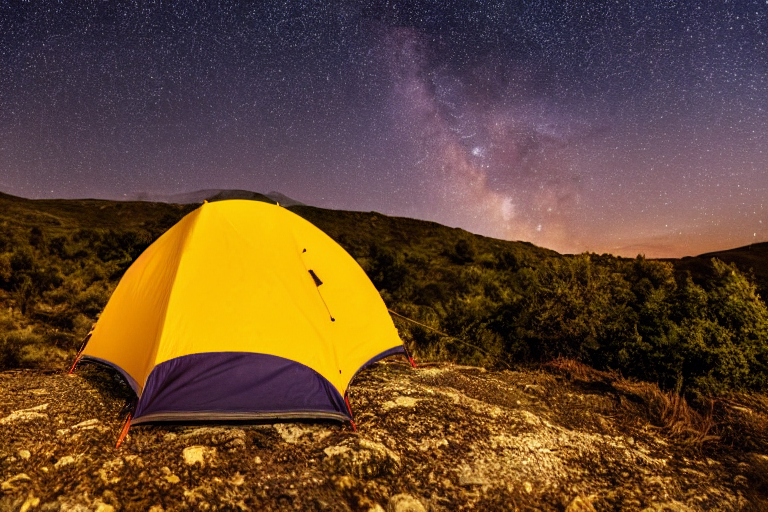 tent at campsite on the top of a mountain with a starry sky