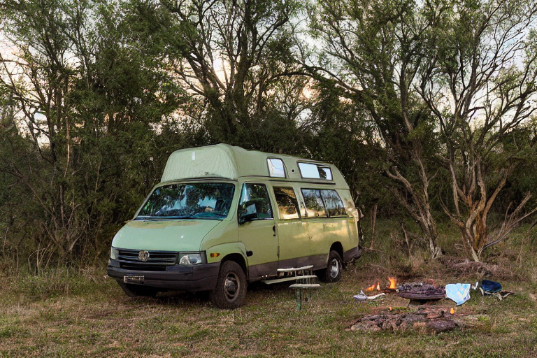 A green camper van rests on a rocky campsite as the sun sets over Big Bend’s wild desert hills. A warm campfire glows nearby, with clothes hanging on a line and a deer standing in the distance beneath the clear sky.