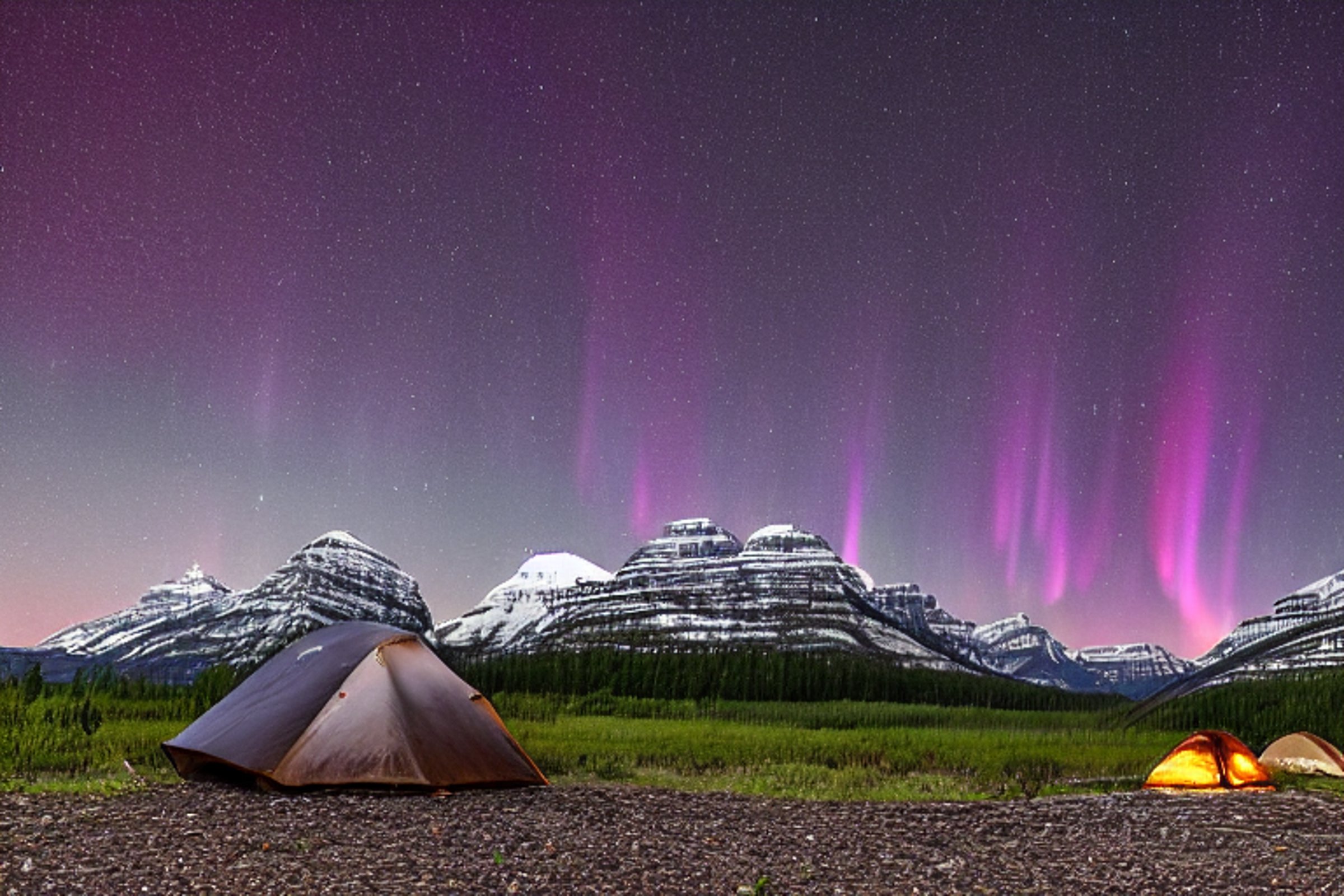 A colorful tent rests on a quiet dirt campsite beneath glowing northern lights. A warm campfire burns beside a large log, with stone slabs and gravel nearby. Dark mountains rise in the clear night sky.