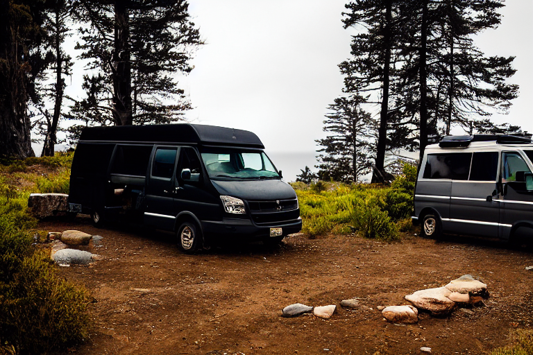 A black van rests on a dirt campsite in Big Sur as the sun rises beneath stormy skies. Boulders and a large rock surround the camp, while clothes sway on a nearby line. A winding trail leads into the wild, peaceful landscape.