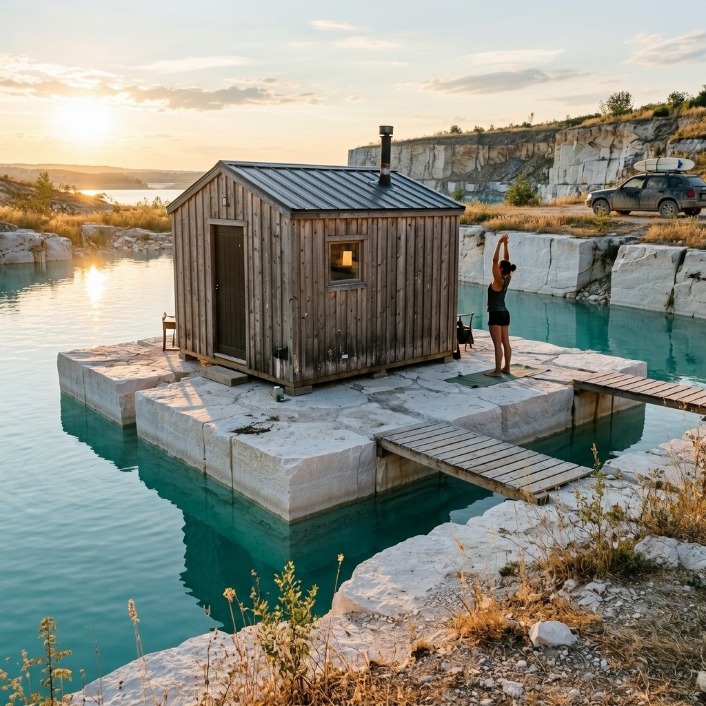 An eye-level view shows a wooden cabin on a stone island in turquoise quarry water. A person stretches beside it, and plank bridges cross the water.