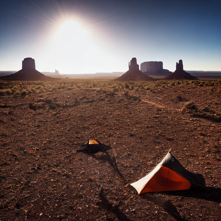 A black tent sits in a quiet dirt clearing beneath the snowy skies of Monument Valley. A warm campfire glows nearby, with a picnic table, fallen leaves, and thick bushes around the campsite.