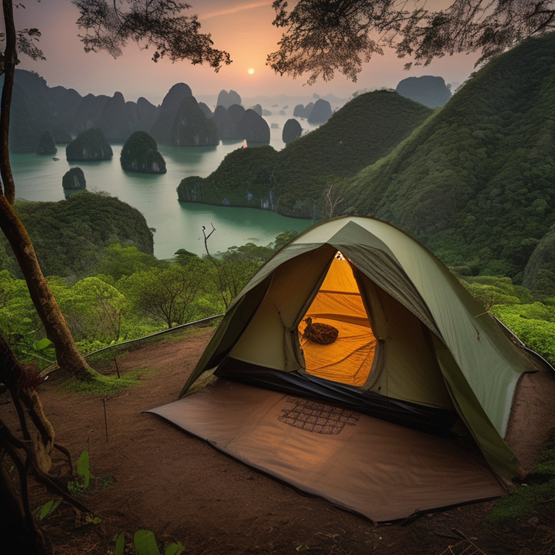 A green camo tent rests on a quiet dirt campsite in a misty forest. Moss-covered trees frame rolling hills and distant mountains at sunset. A deer stands far away, adding to the peaceful scene.