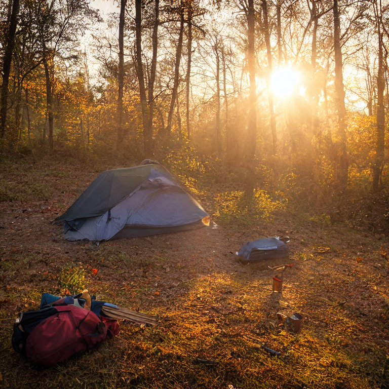 A tan tent rests beside a crackling campfire near a quiet river. Fall-colored trees glow through the soft morning fog, while a guitar and backpack sit on the rocky ground.