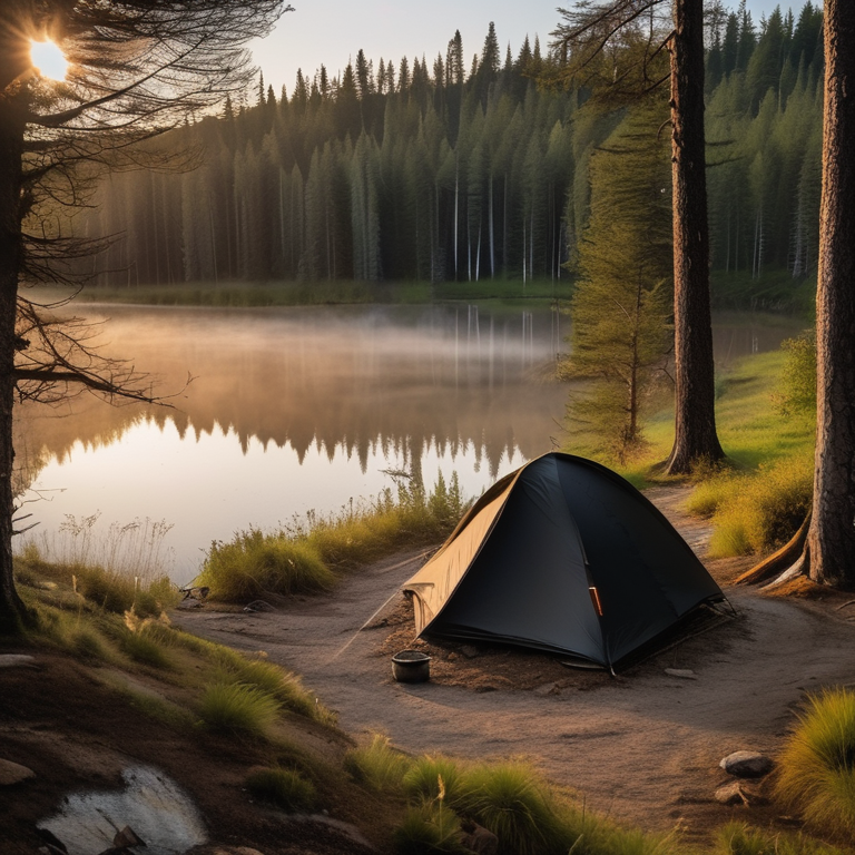 A black tent rests on a dirt campsite beside a quiet lake. A small stream winds through the rocky ground, with a backpack and fallen twig nearby. Soft golden light and light fog create a calm, peaceful mood.