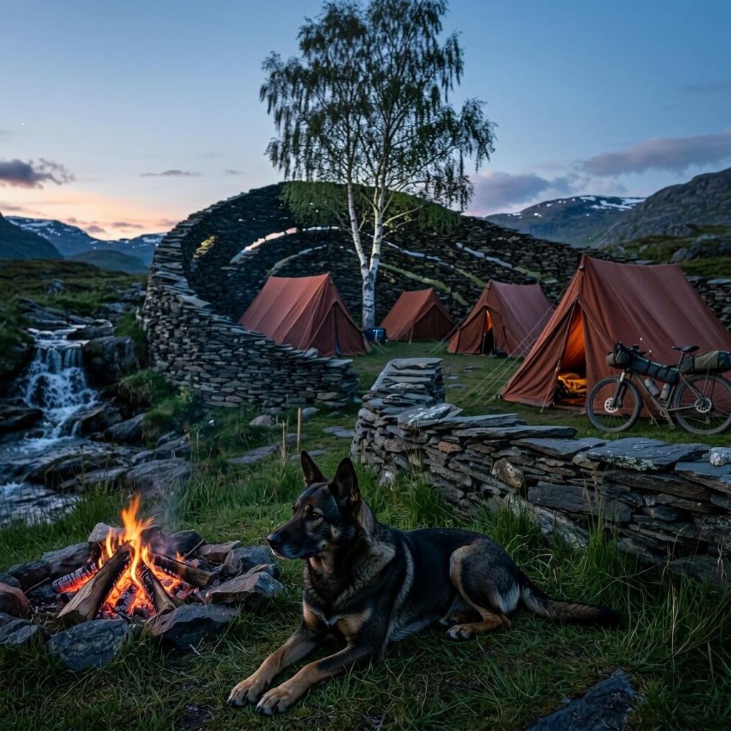 From beside a campfire, a dog lies in the grass at a tent camp. Rust-red tents and a loaded bike sit within a curved stone wall, with a waterfall nearby.