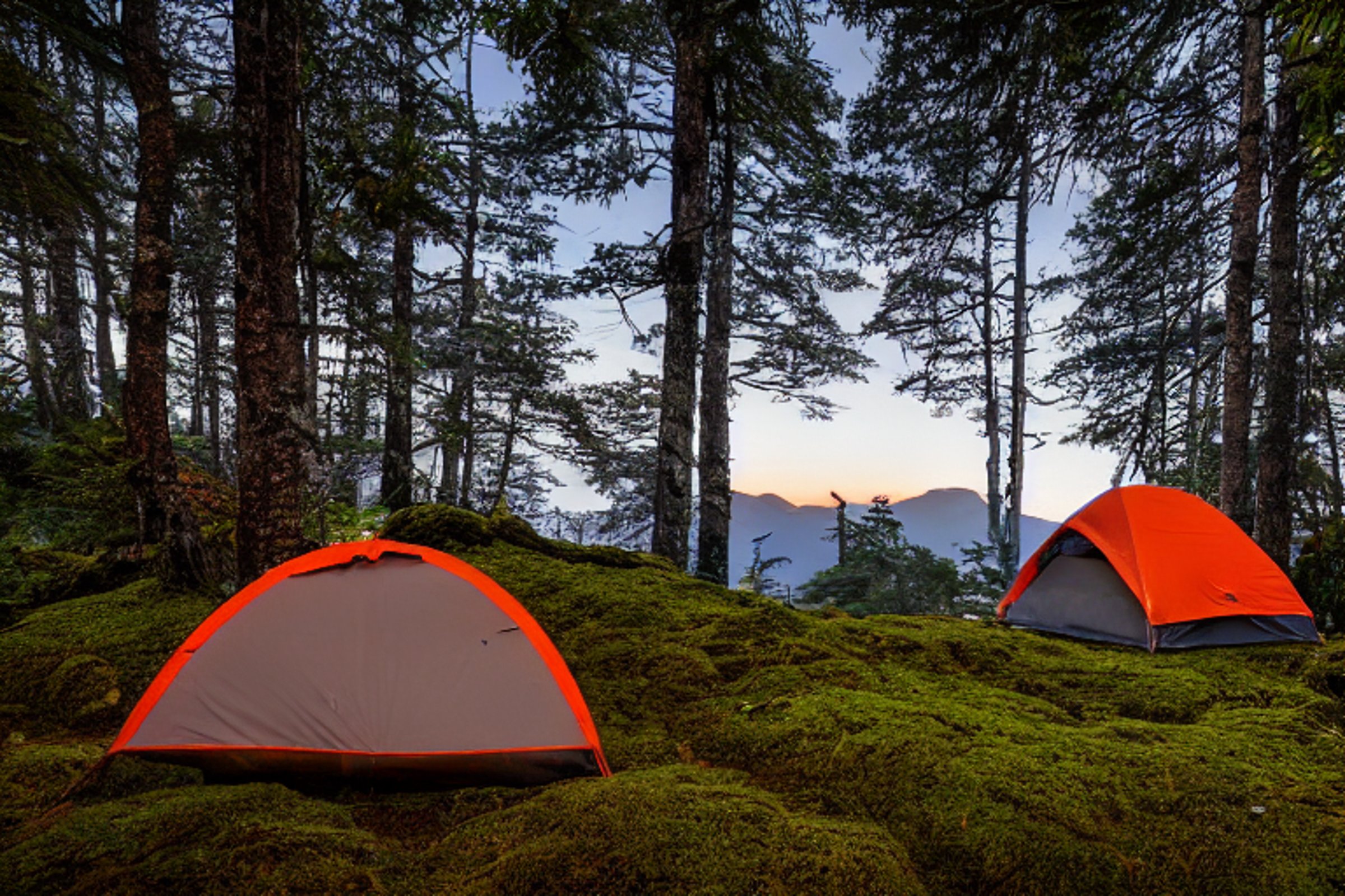 A gray and orange tent rests on a quiet dirt campsite in the Smoky Mountains. Moss-covered trees and large boulders surround the camp, while the sunrise warms the clear sky. A pale moon still hangs in the distance.