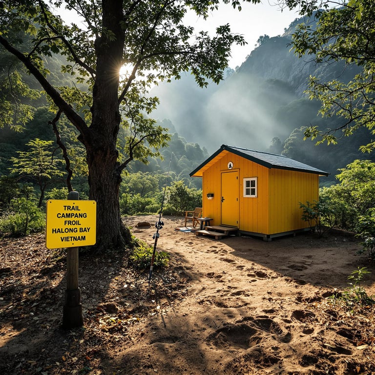 A bright yellow cabin rests among rough, wooded hills near Halong Bay. A trail marker and animal tracks lead through the dirt, while a fishing rod leans against a tree. Soft sunbeams shine through the trees, giving the campsite a dreamy feel.