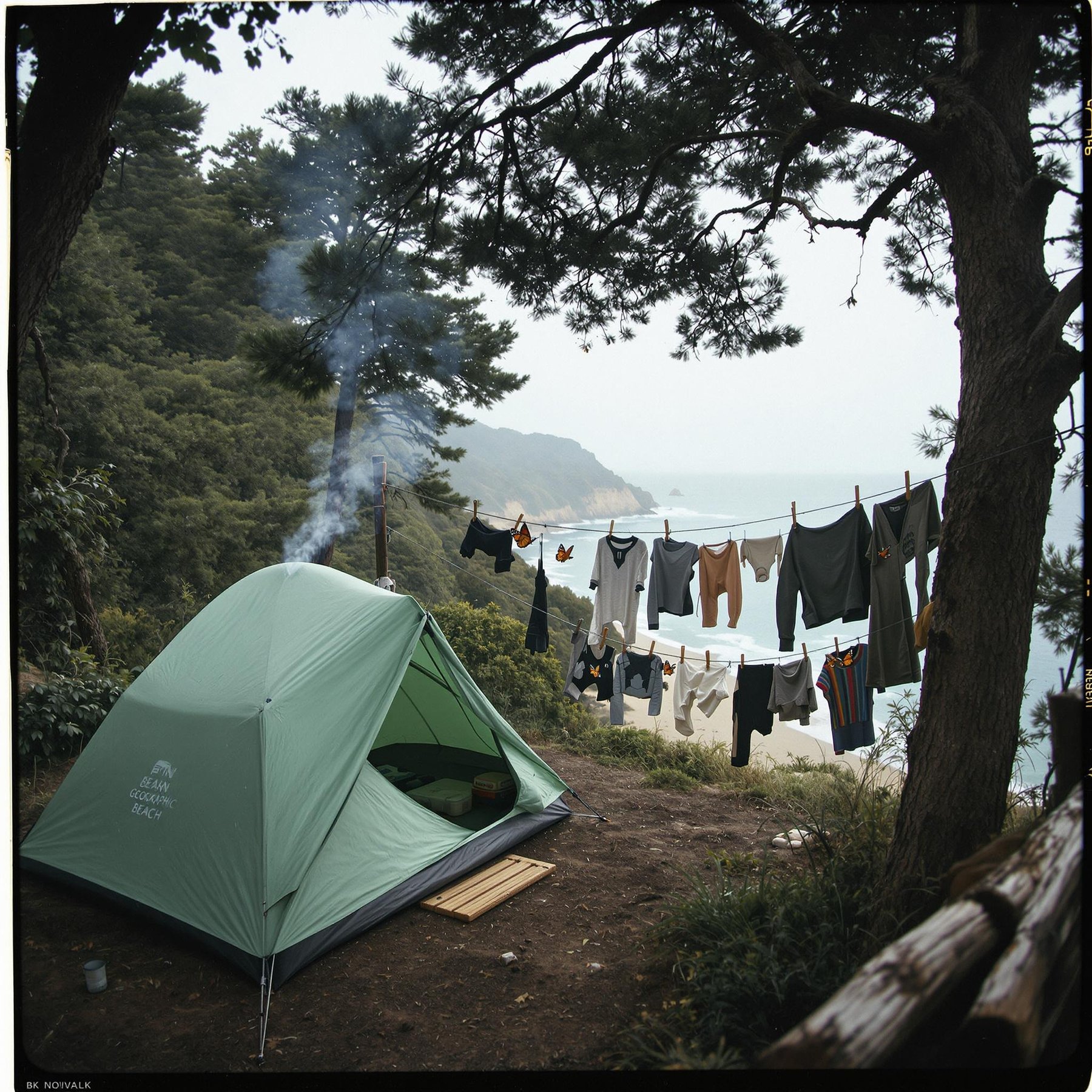 A mint-green tent rests beneath tall trees near the rainy San Diego shore. Smoke curls from the campfire as clothes sway on a line, while monarch butterflies drift past. Seen from a suspension bridge, the cozy campsite feels peaceful and wild.