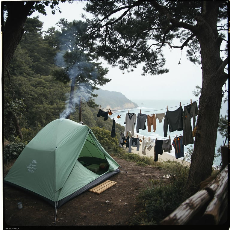 A mint-green tent rests beneath tall trees near the rainy San Diego shore. Smoke curls from the campfire as clothes sway on a line, while monarch butterflies drift past. Seen from a suspension bridge, the cozy campsite feels peaceful and wild.