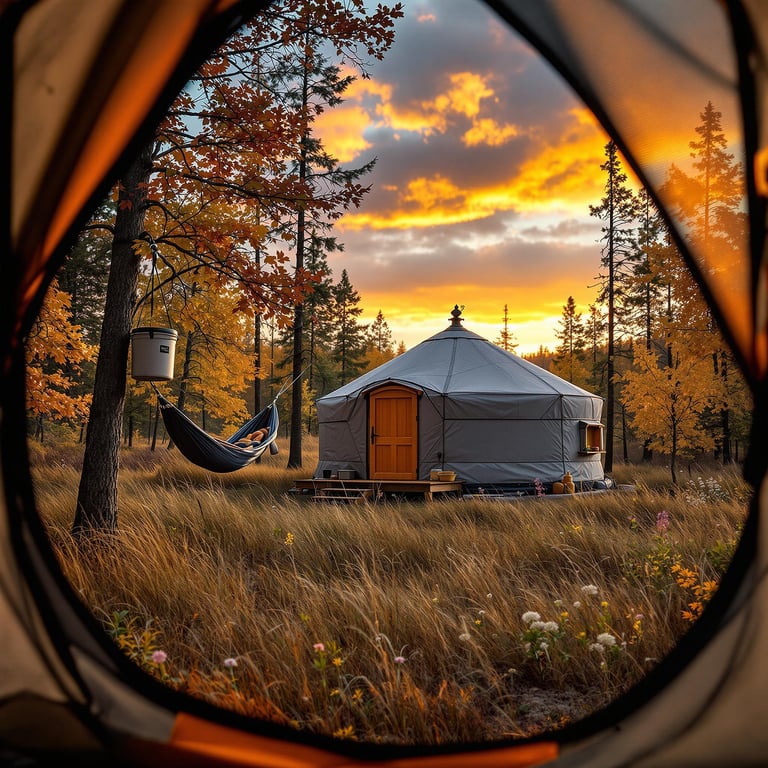 A cozy gray and orange yurt rests in a fall forest beneath a stormy sunset. Tall grass, bright wildflowers, and a hammock add charm, while a bear-proof food container hangs safely from a tree.