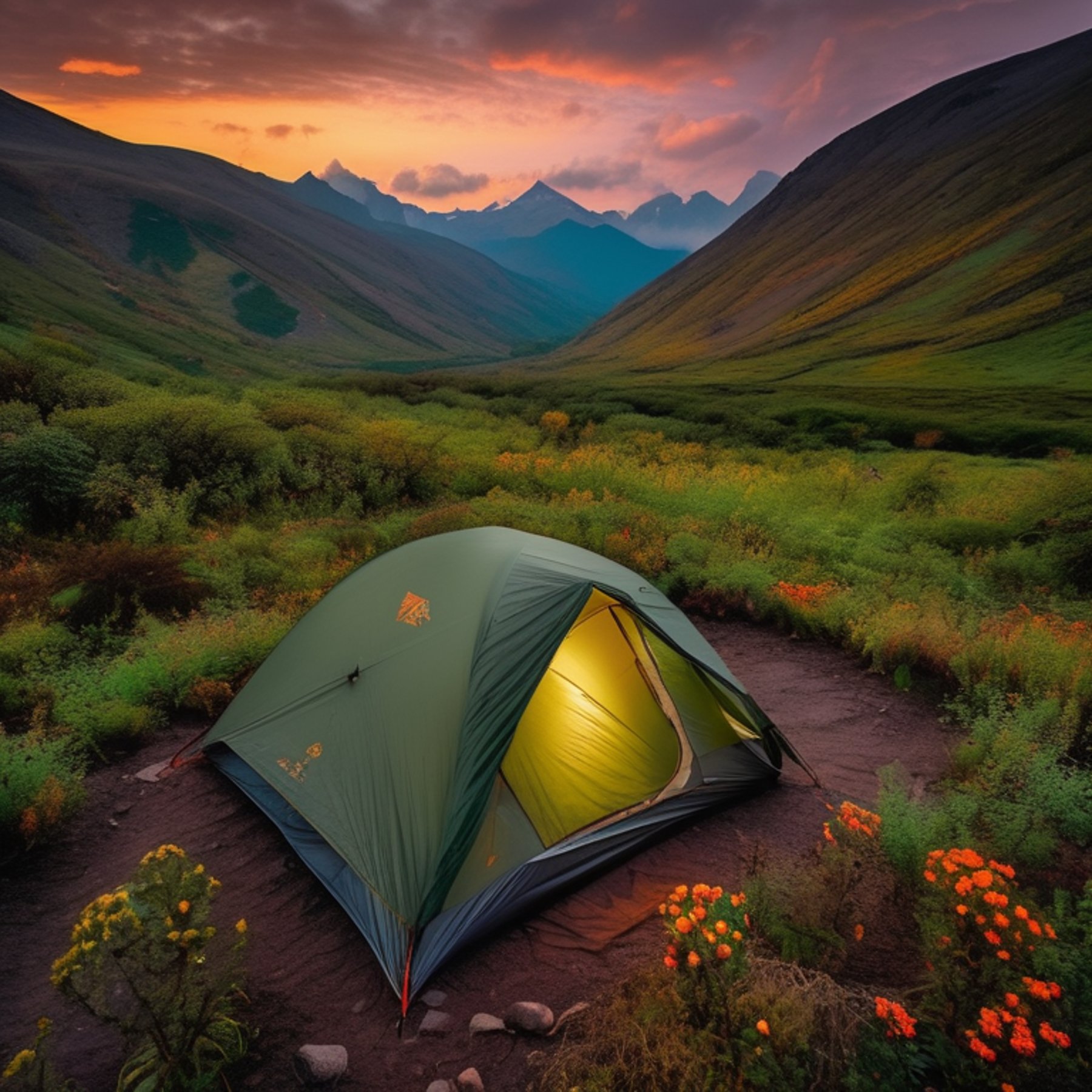 A green camo tent rests on a quiet dirt clearing in India’s Valley of Flowers. Colorful autumn trees, berry-covered bushes, and fallen leaves surround the campsite, while misty mountains rise in the rainy sunset.