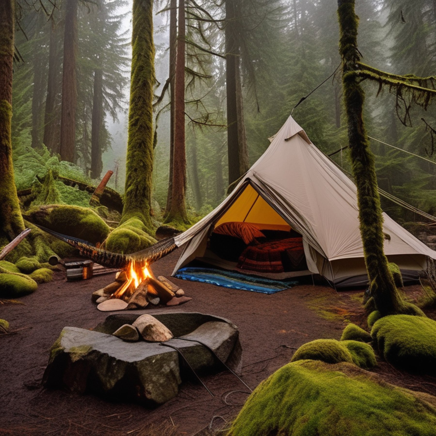 A tan tent rests on a quiet dirt patch beneath the rainy trees of Vancouver Island. Large stone slabs and scattered rocks surround the campfire, while a hammock hangs between two trees. In the distance, a person carries a flashlight through the misty forest.