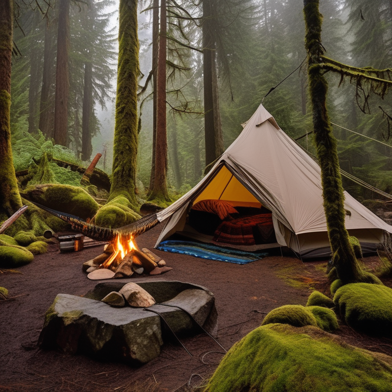 A tan tent rests on a quiet dirt patch beneath the rainy trees of Vancouver Island. Large stone slabs and scattered rocks surround the campfire, while a hammock hangs between two trees. In the distance, a person carries a flashlight through the misty forest.