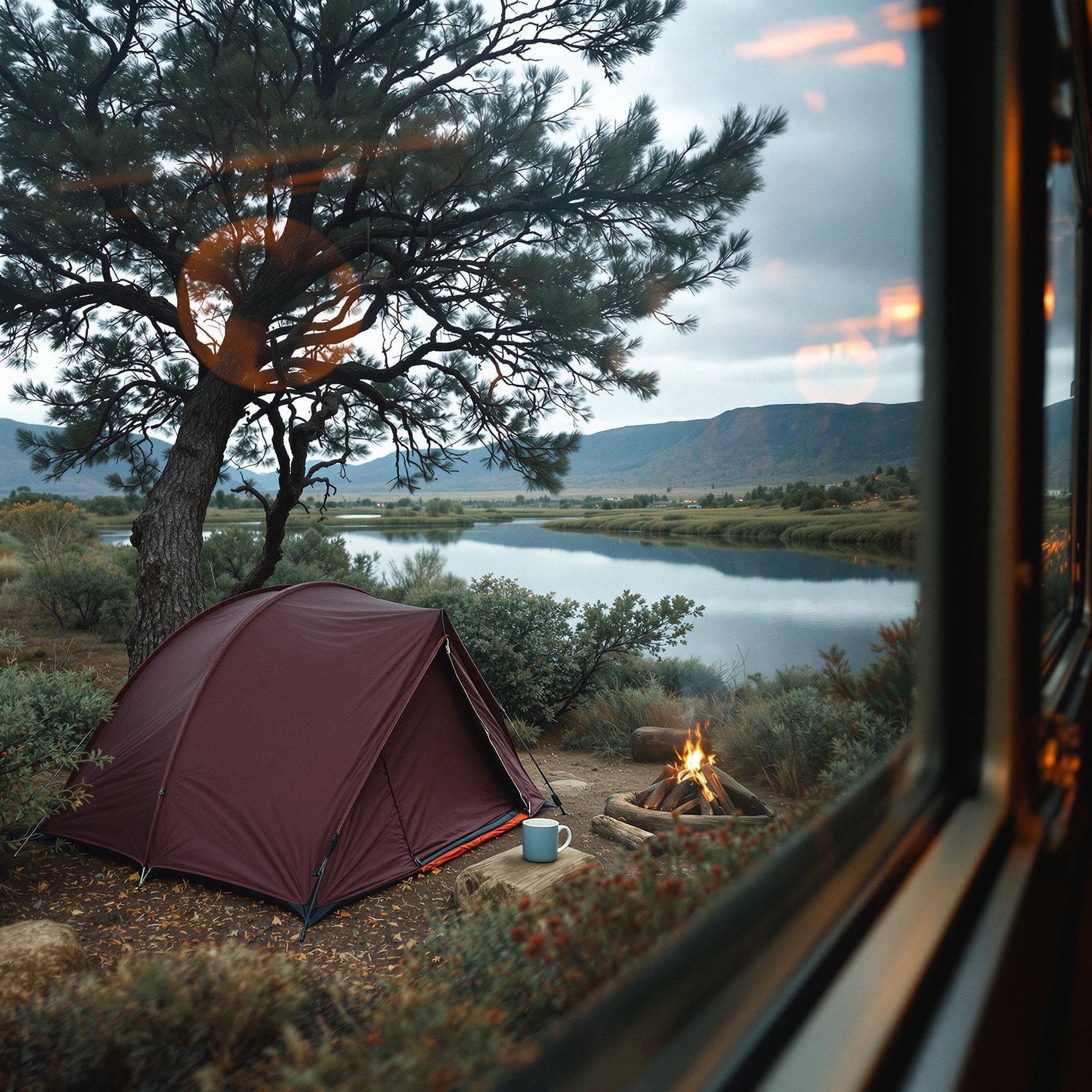 This cozy campsite sits by a calm lake with tall trees and quiet mountains all around. A tent and a small campfire make it the perfect place to relax in nature. You can sip a warm drink and watch the peaceful water shine.