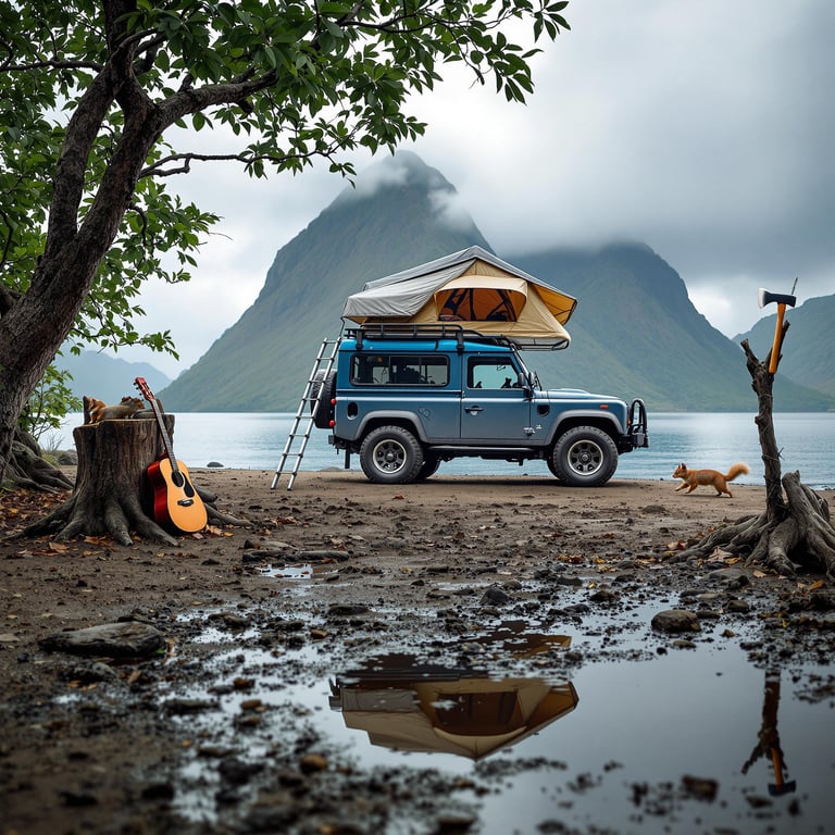 A blue-gray Jeep with its rooftop tent open rests beside calm water in lush Soufrière, St. Lucia. Cloudy skies, animal tracks, and a playful squirrel add to the wild campsite, while the water mirrors the scene. A guitar and an axe stuck in a tree stump make it feel ready for adventure.