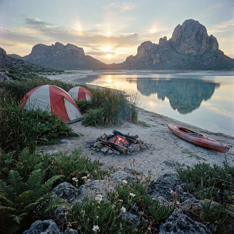 Two red-and-white tents rest beside the still blue waters of Detwah Lagoon. Tall reeds, ferns, wildflowers, and rugged mountains surround the quiet camp. A kayak reflects in the water, while warm embers glow in the campfire ring under the cool twilight sky.