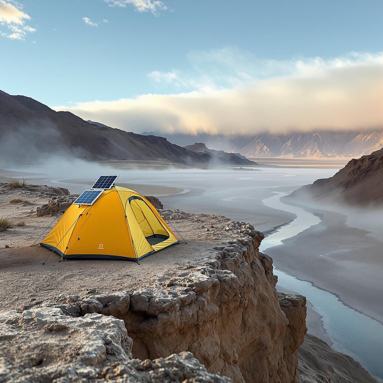 A bright yellow tent sits on the edge of a rocky cliff, overlooking a winding river below. Misty mountains rise in the distance under a vast sky, creating a peaceful and adventurous atmosphere. The sun casts a warm glow, perfect for exploring and enjoying nature's beauty.
