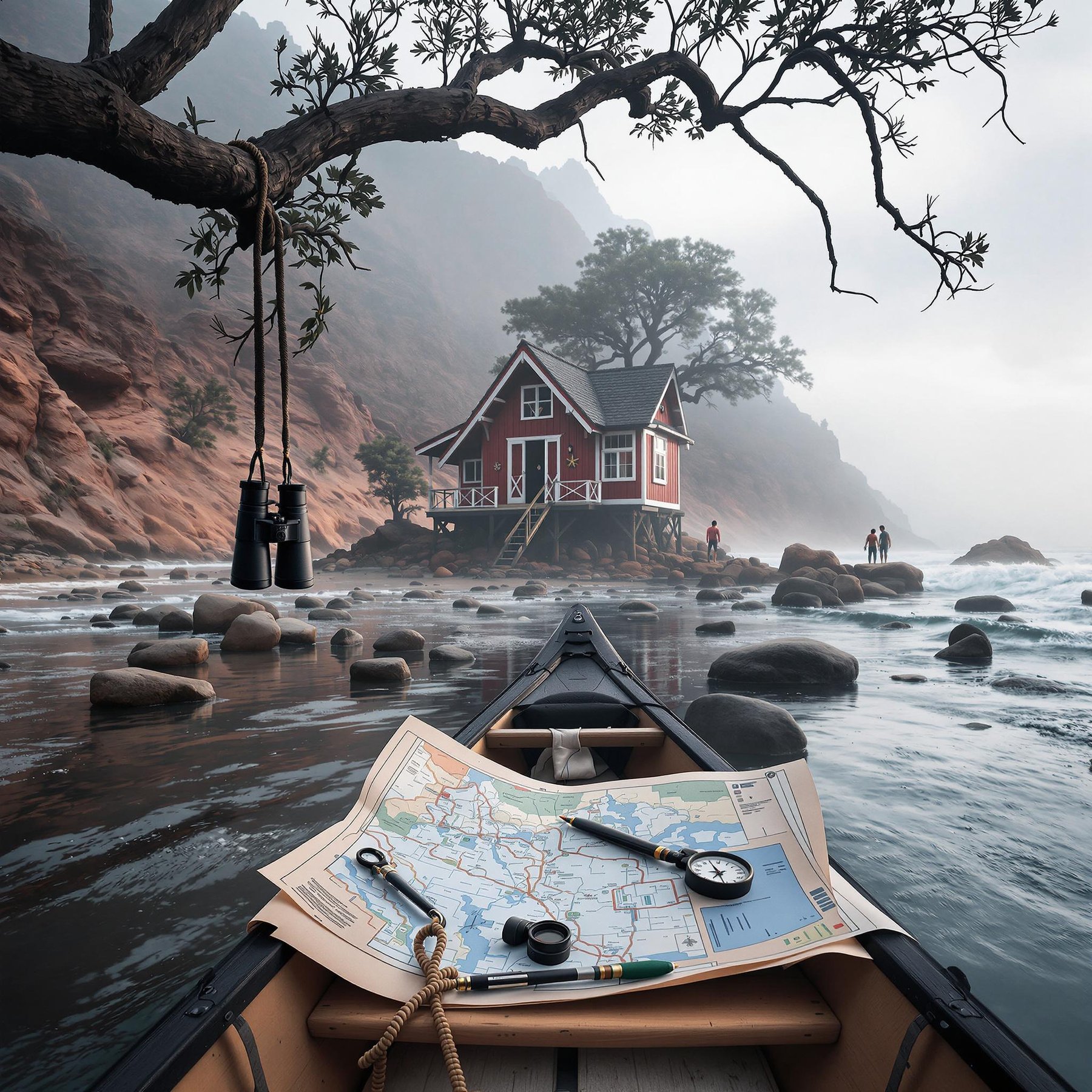 A cute red cabin sits by the misty seaside, surrounded by rocky cliffs and gentle waves. A canoe floats nearby with a map and binoculars, ready for a fun adventure. It's a peaceful place where nature whispers stories of exploration.