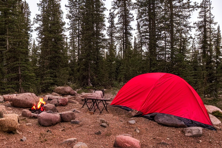 A bright red tent rests on a dirt clearing in the Colorado wilderness. A warm campfire glows beside camping chairs, boulders, and scattered stones. Fog drifts through the quiet night beneath a sky full of stars.