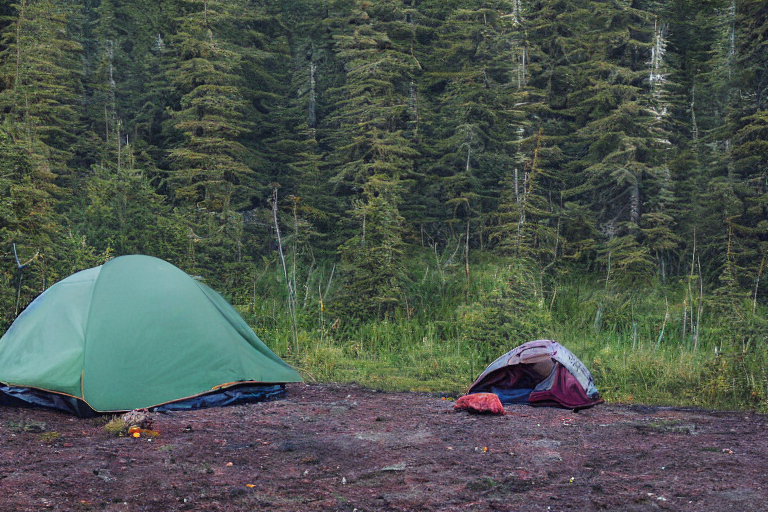 A green tent rests on a dirt clearing in the quiet Alaska wilderness. Fog drifts through the forest as the sunset casts a soft glow. A backpack, berry bush, and large log sit near the cozy campfire.