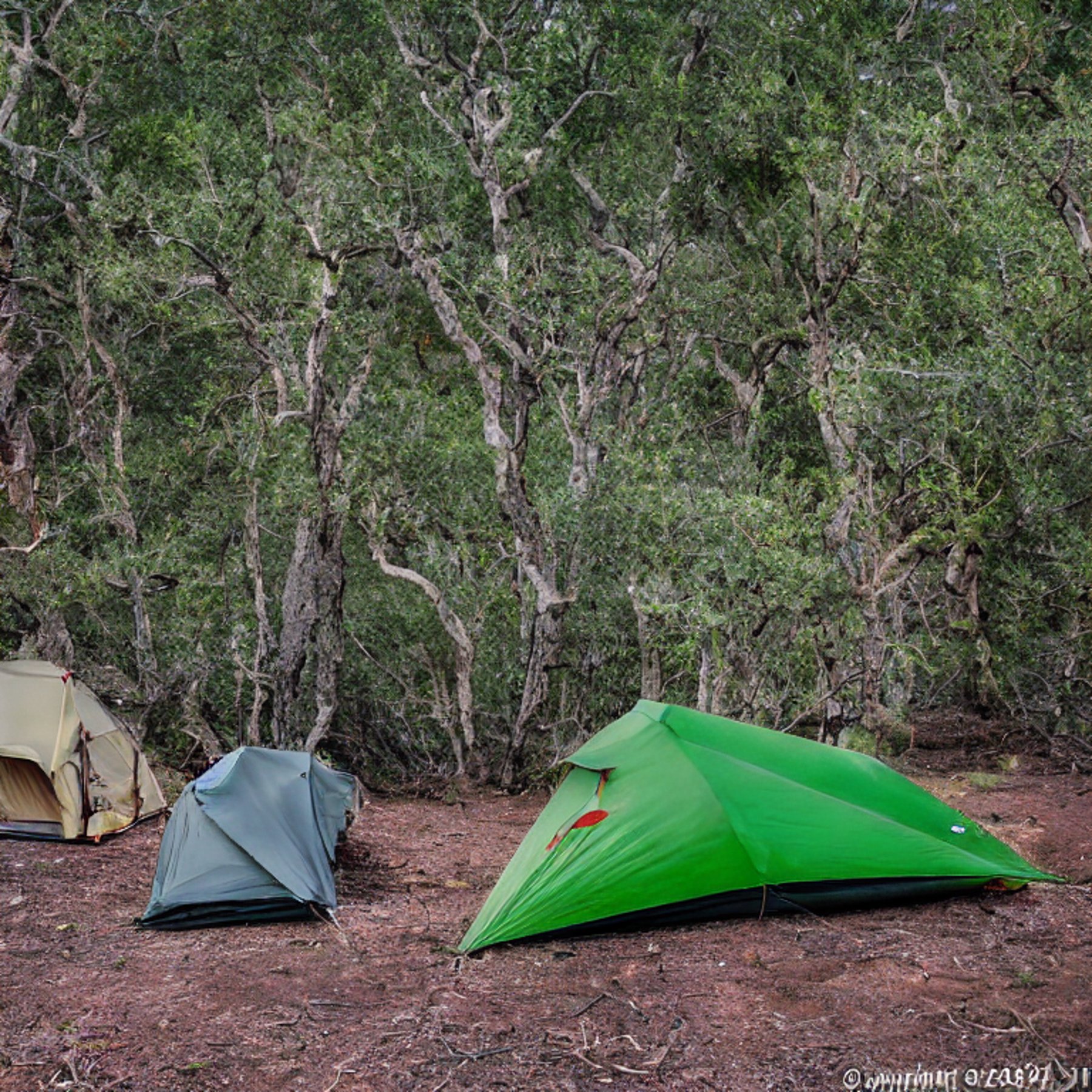 A green two-person tent rests in a quiet dirt clearing among ancient stone slabs and thick bushes. A warm campfire glows beneath the clear night sky, creating a cozy feeling in the petrified forest.