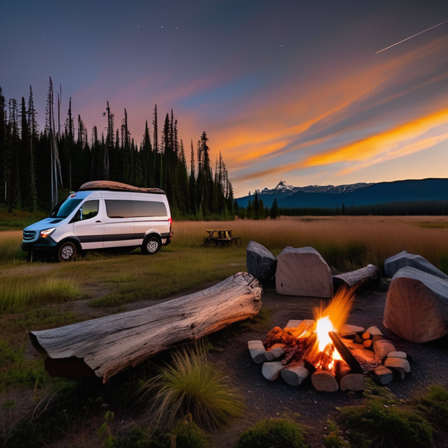 A cozy camper van rests in an Alaskan wilderness clearing at dusk. A warm campfire glows beside large logs and flat stones, surrounded by tall grass and open sky.